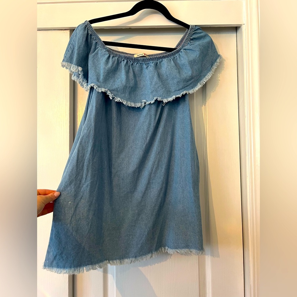Denim off the shoulder baby doll mini dress
